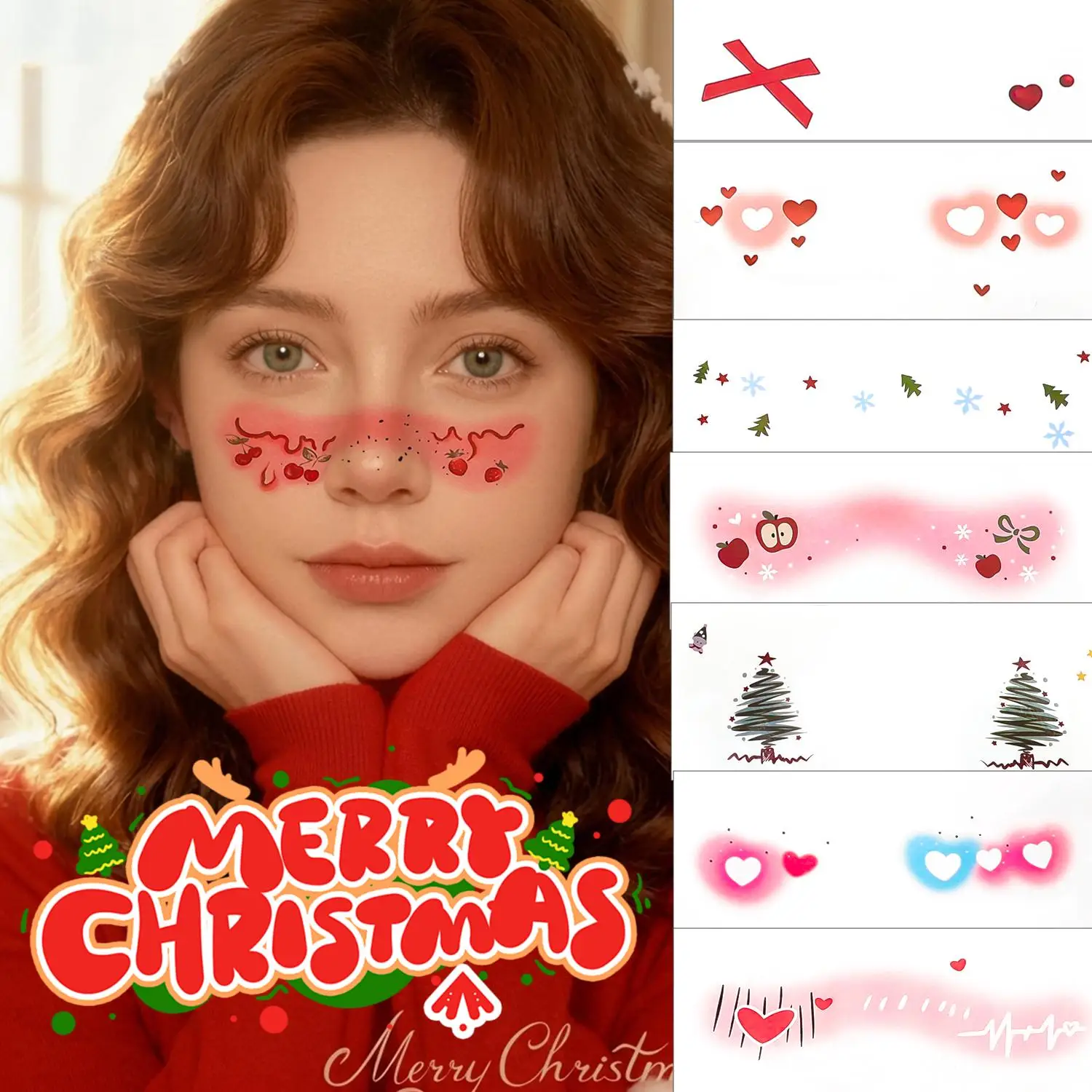 9PCS Christmas Blush Temporary Tattoo Stickers Festive Face Tattoo Makeup Decals for Women Christmas Festival Makeup Decoration