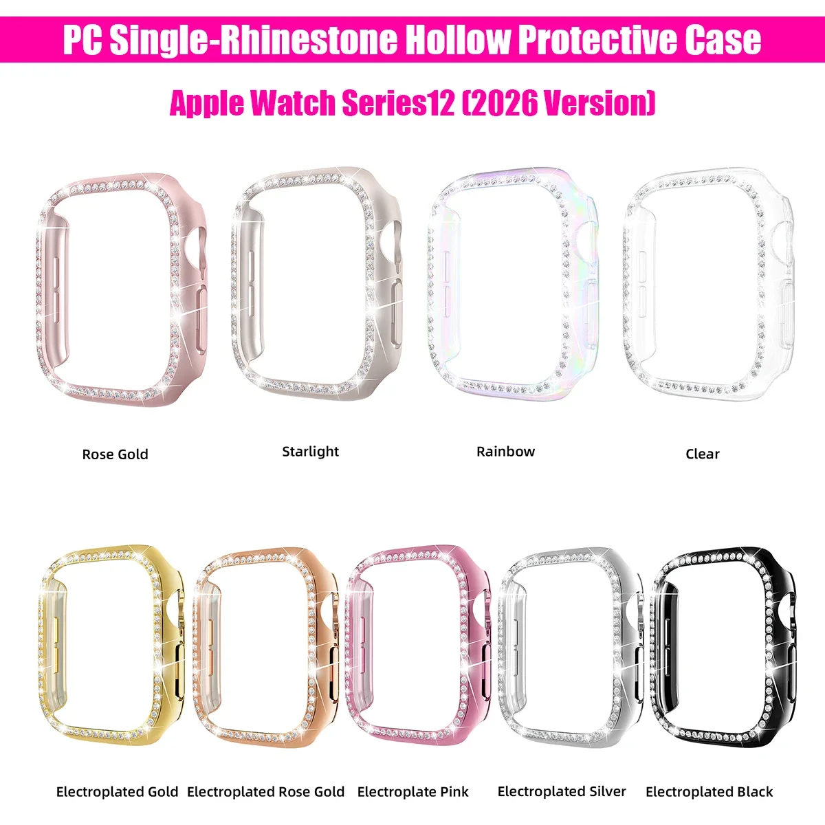 Bling Diamond Case for Apple Watch 12 42mm 46mm Hard PC Hollow Bumper Protective Frame Shell Cover for Iwatch S12 Accessories