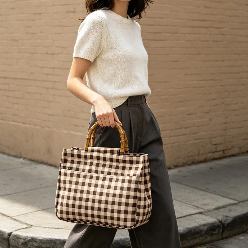 Brown and White Checkered Faux Bamboo-Handle Women's Tote Bag, Brown Plaid Pattern Women's Handbag, Simple Vintage-Style Handbag