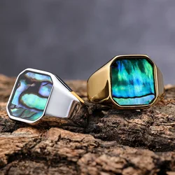 Stainless Steel Colorful Natural shells Geometric Ring For Man Women High Polished Wedding band Love gift