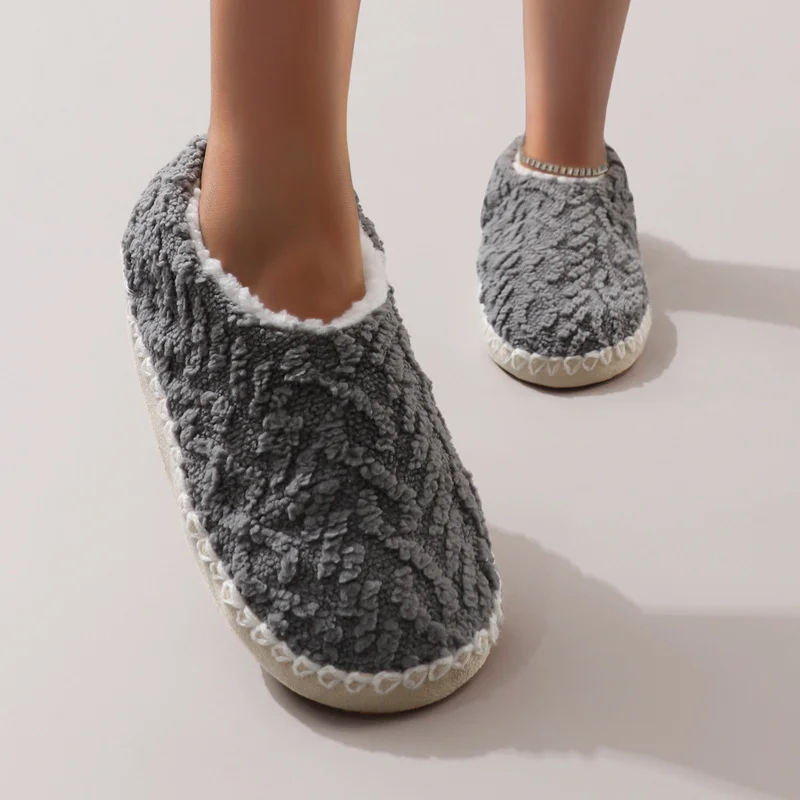 Fashionable and Simple Solid Color Autumn and Winter Plush Thick-Soled Stitched Closed-Back Women's Home Slippers Warm Floor Soc view 6