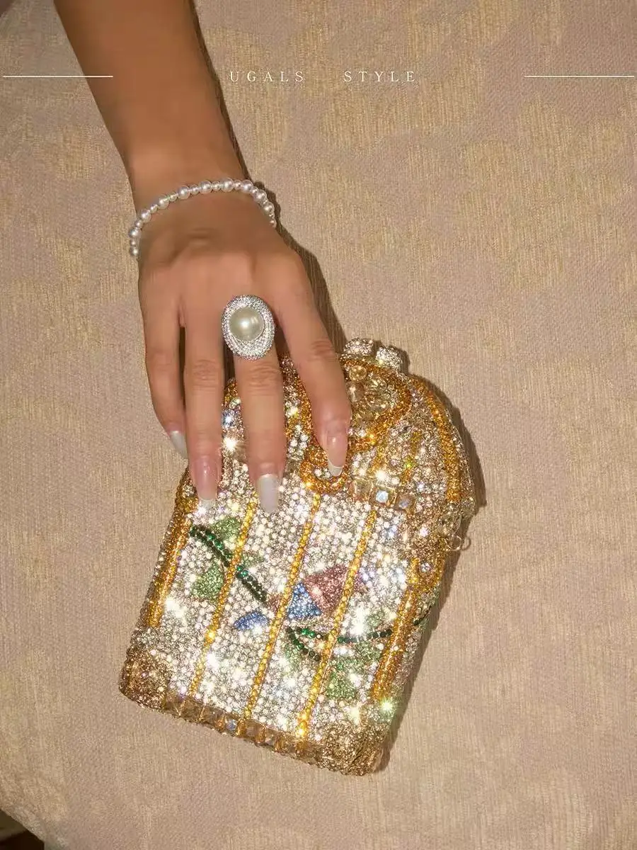 

Luxury Metallic Birdcage Bag High Quality Women Handbag Glitter Rhinestones Evening Bag Wedding Party Banquet Bag Shoulder Bag