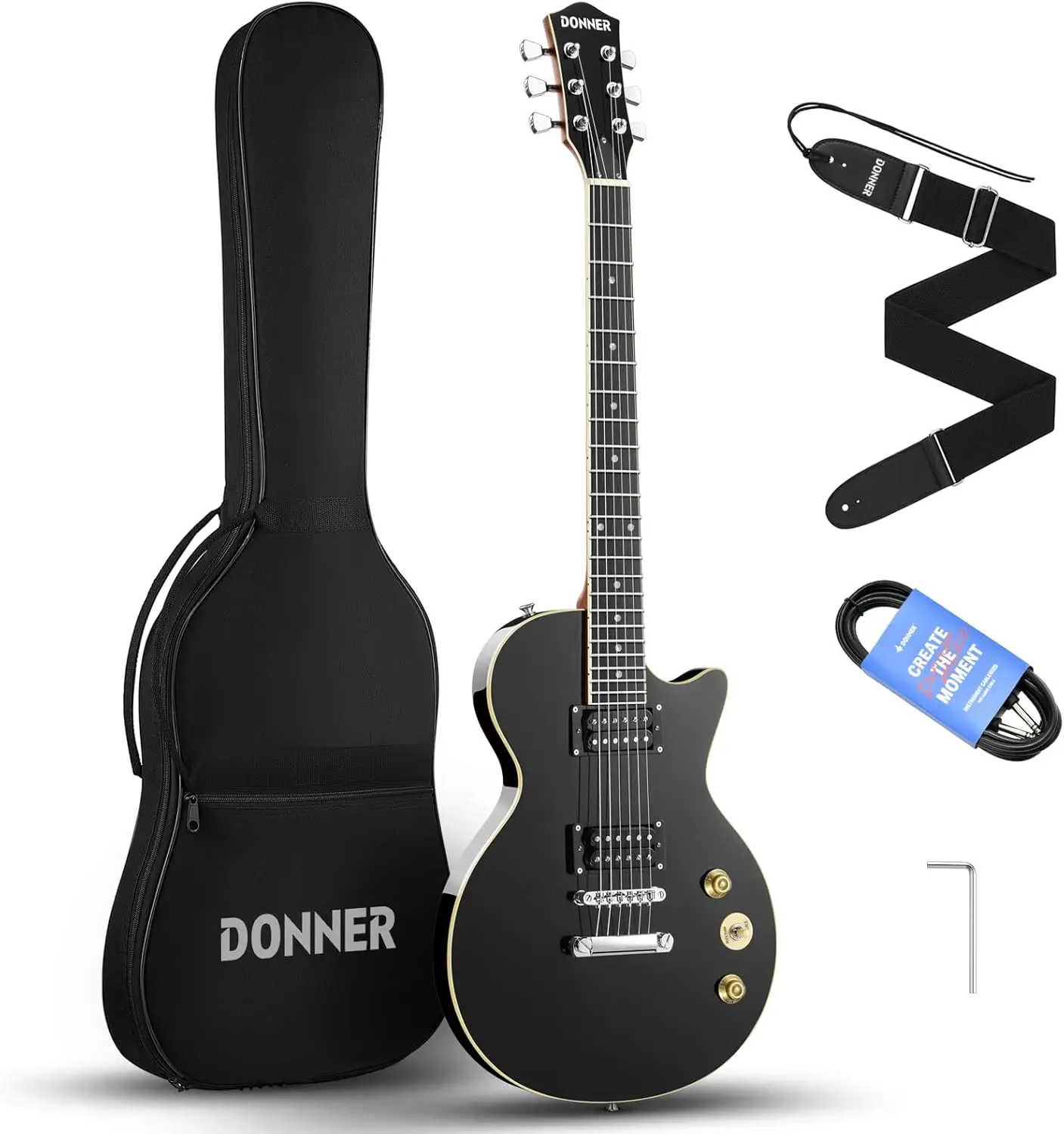 Donner Electric Guitar LP Solid Body, Full-Size 39 Inch Electric Guitar Beginner Kit Black with Bag, Cable, Strap, DLP-124B