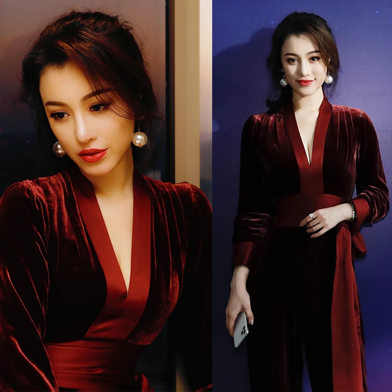 

Spring New Style Women's High Waist Wide Leg Pants Velvet Drape V-Neck Elegant Dress OL Set Street Style Casual Long Pants