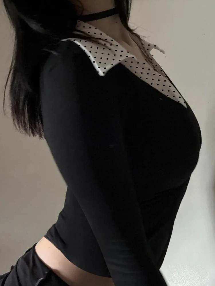 AltGoth Fairycore Grunge Chic T-shirt femmes esthétique élégant Y2k à pois faux deux pièces Patchwork col en v à manches longues T-shirt