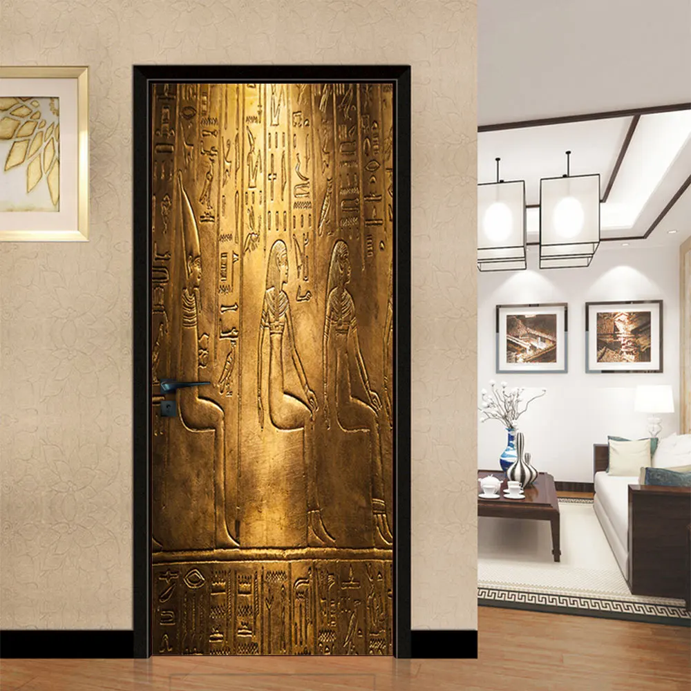 3D Retro Buddha Mural Printed Door Art Sticker Peel and Sticker Waterproof Bedroom Living Room Entrance Door Wrap Cover Decals