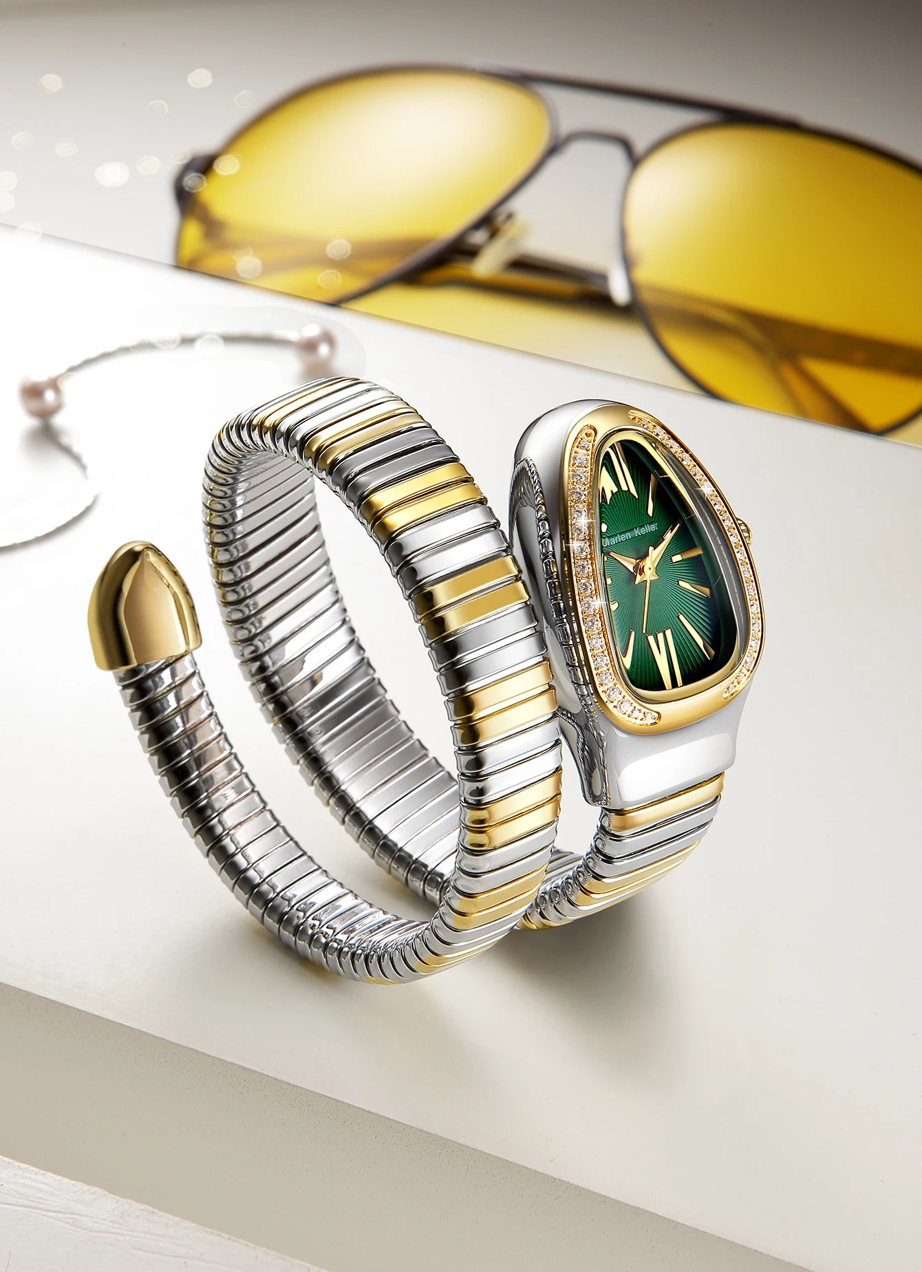 Marlen Keller Luxe Quartz Horloge Met Strass Slangenvormig Populair Polshorloge Voor Dames Mode