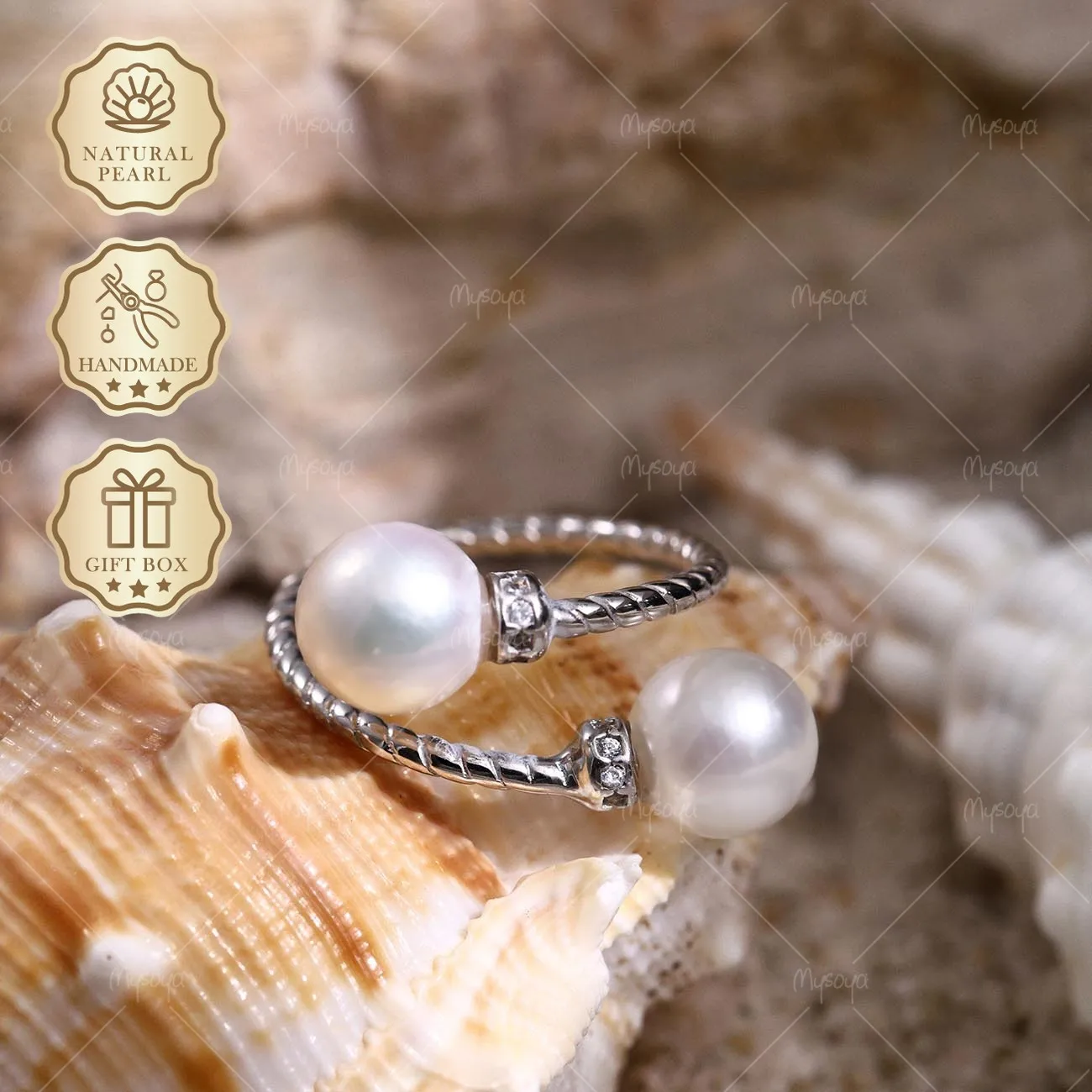 

Кольцо Mysoya Japan Akoya с двойным жемчугом, 8-8,5 мм, серебристое, S925, подарочная коробка, подарок на День святого Валентина, подарок на день рождения для нее