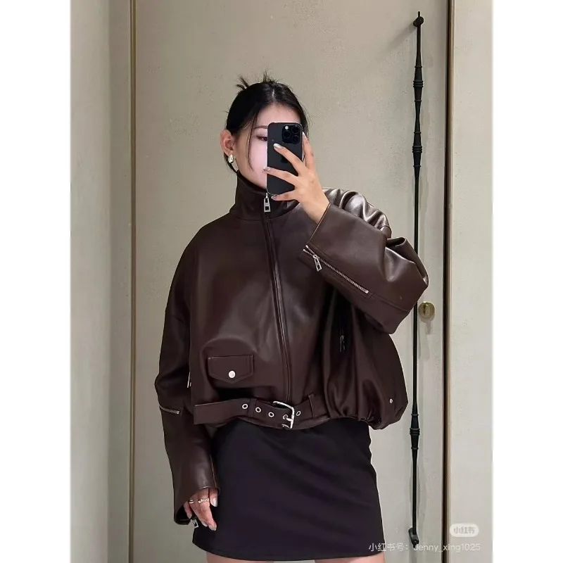 Early Autumn New Streetwear Fashion Belt-decorated PU Leather Classic Jacket Fashion Simple Coat Cross-border Women's Clothing