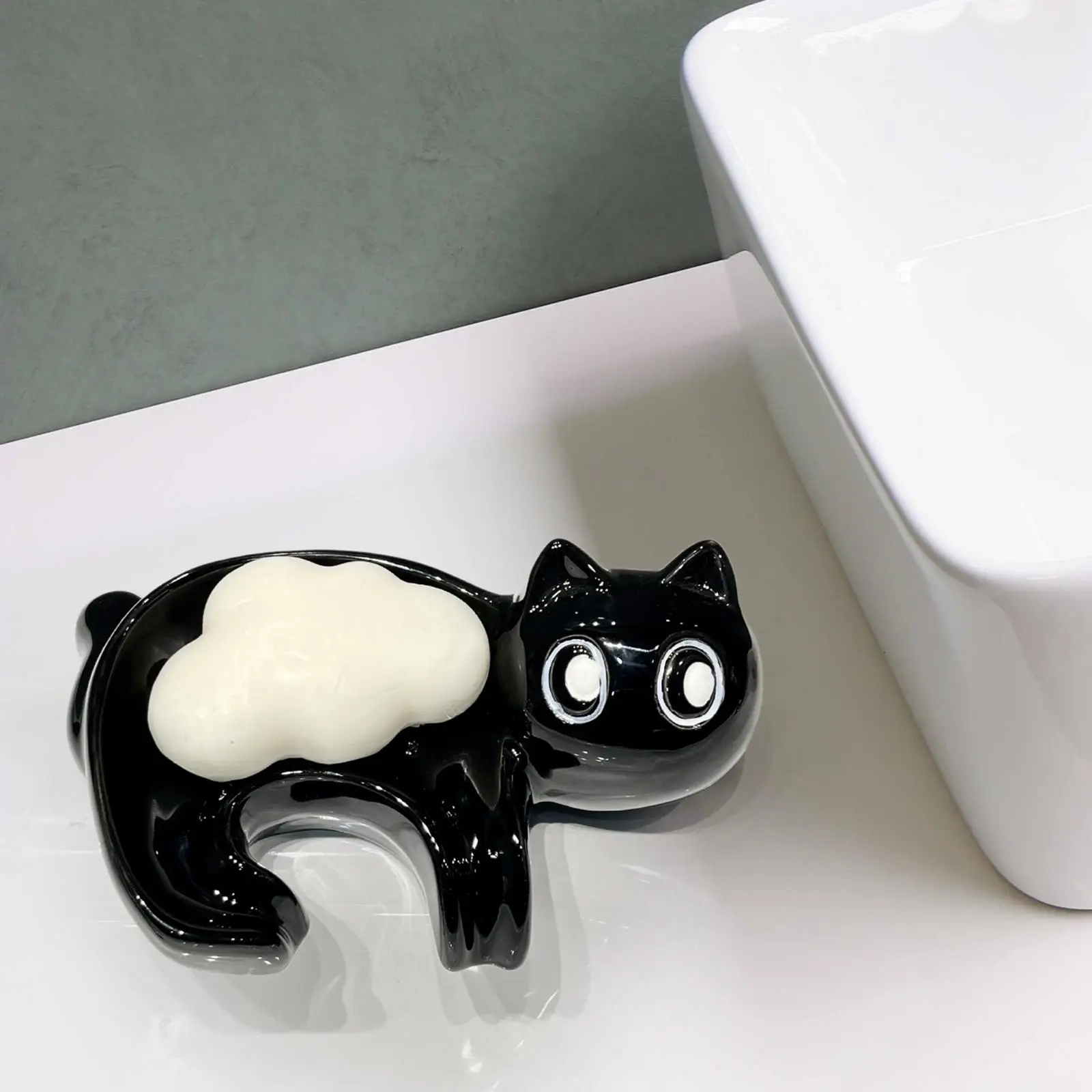Black Cat Ceramic Soap Holder with Drain for Bathroom Organizer Cute Animal Shaped Sponge Tray Decor