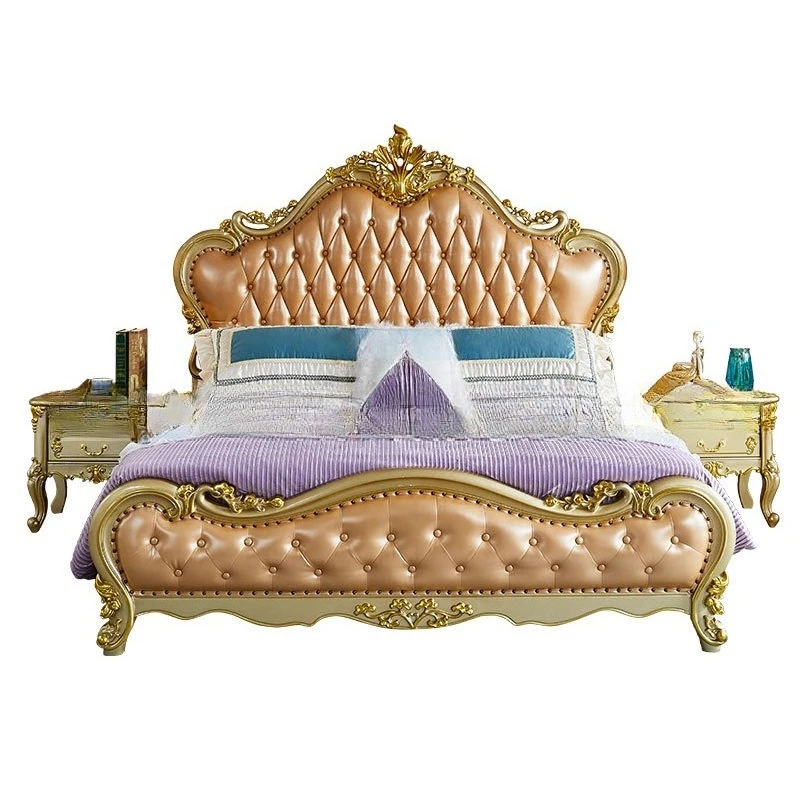 

European style solid wood luxury double bed, leather oak luxury carving, bedroom master bedroom