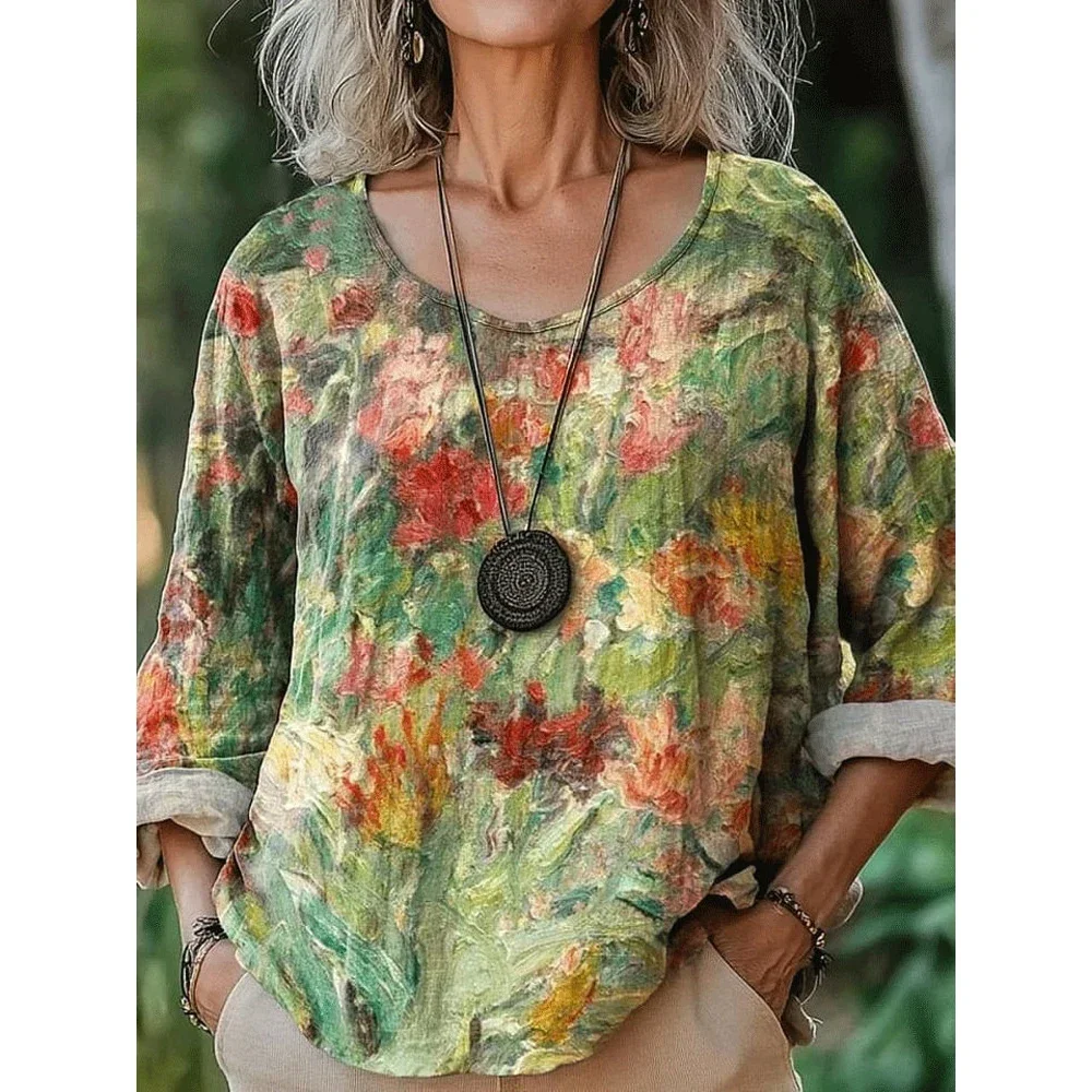 

Summer T-shirt Female Long sleeve T-shirt Vintage Printed O Neck Loose T Shirts Woman Casual Graphic Print Tee Tops Fall