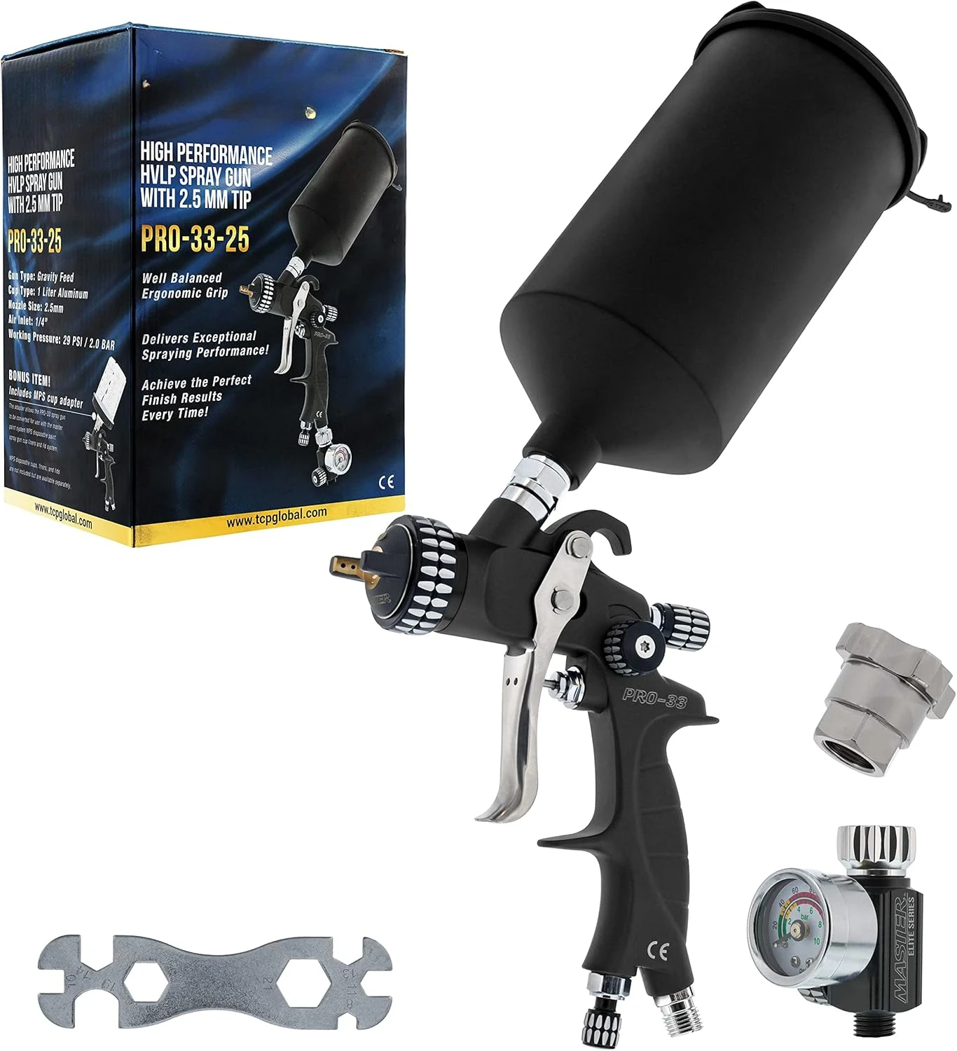 

HVLP Spray Gun with 2.5mm Tip and Air Pressure Regulator Gauge, MPS Cup Adapter - Auto Paint 2K Primers, Metal Flake