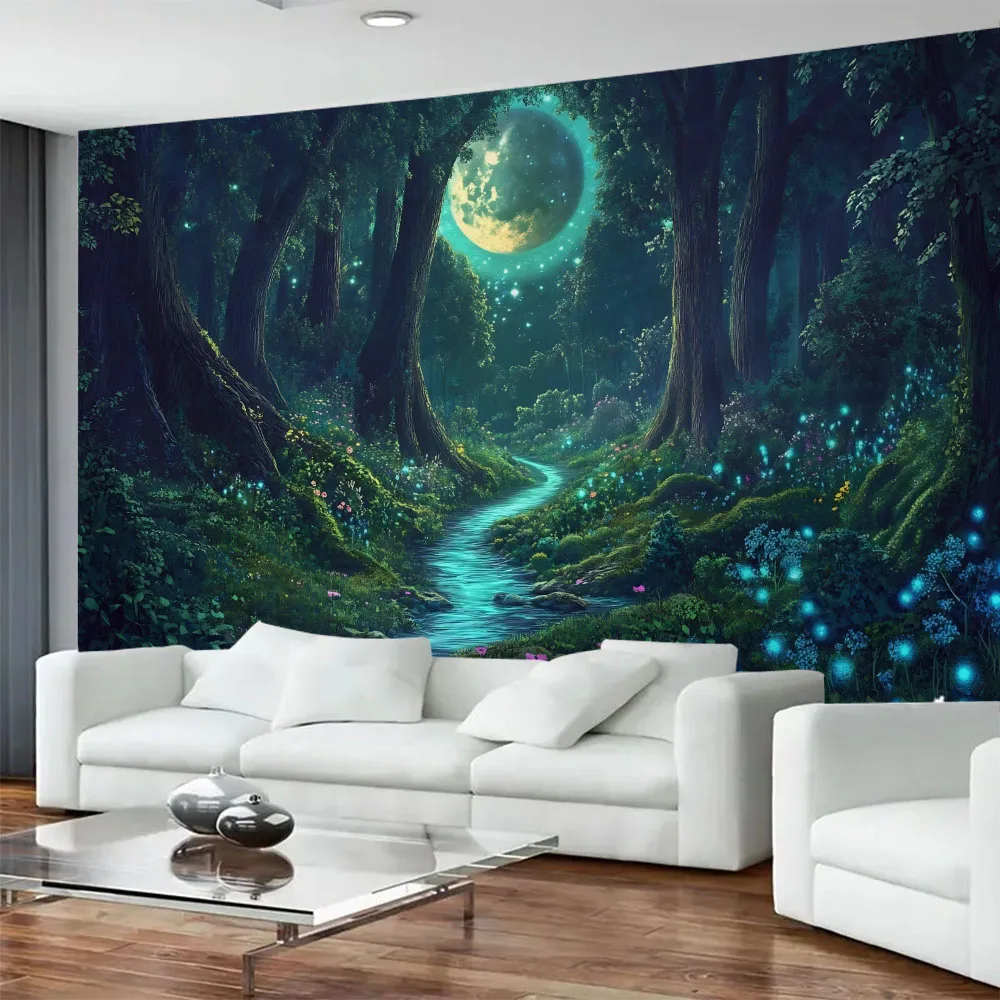 

Forest Night Tapestry Jungle Bird Waterfall Sunshine Landscape Background Wall Hanging Fantasy Planet Modern Home Decoration