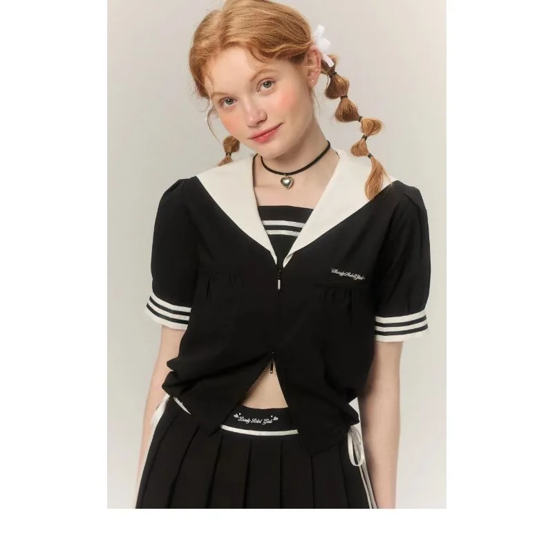 QWEEK Kawaii Preppy Sailor Collar Shirt Woman Vintage Sweet Loose Blouse Japanese Style Summer Harajuku Fashion Streetwear 2024