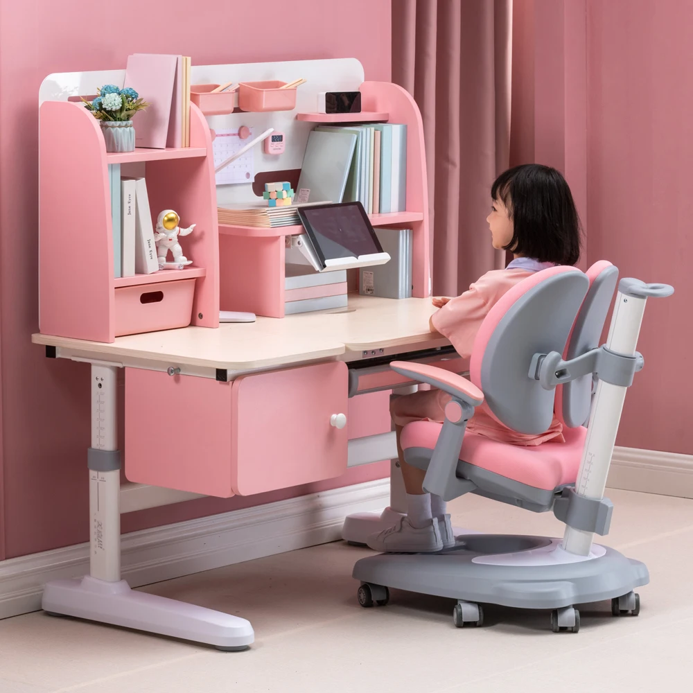 wholesale ergonomic children height adjustable desk and chair set with bookshelf home furniture wood kids study table for child