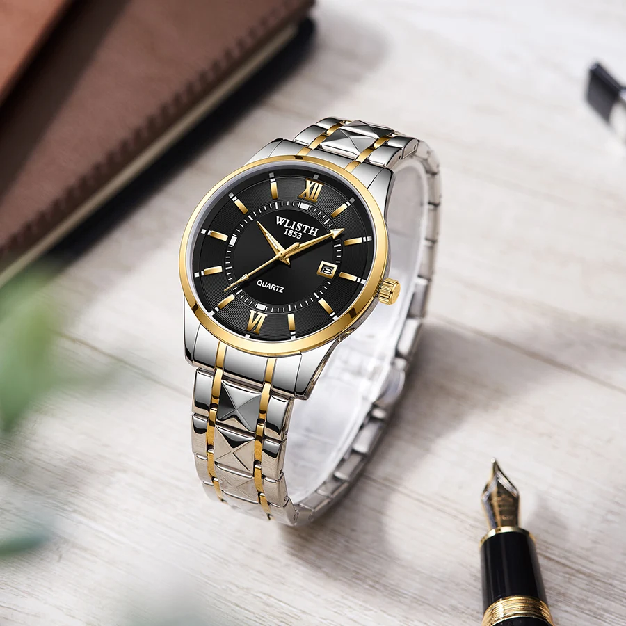 男性用腕時計防水カレンダークォーツ時計ステンレス鋼メンズ腕時計高級時計ファッションビジネスマン腕時計ギフトリロイ