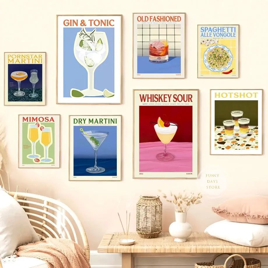 ملصقات وطباعة عصير فواكه الكوكتيل ابرول سبريتز سانغريا مشروب نيغروني مارتيني ويسكي لوحة قماشية نادي بار ديكور المنزل