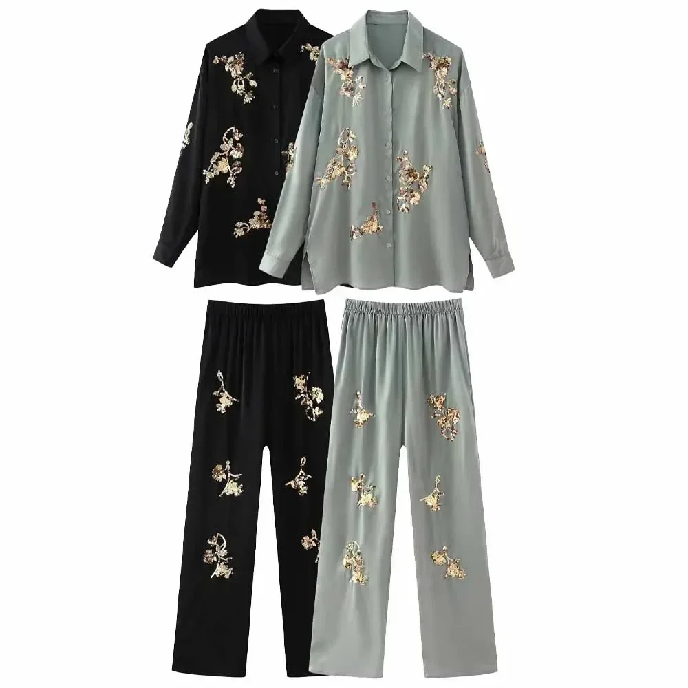 

Women's new fashion sequin decoration loose Draped shirt retro long sleeved Button up women's shirt Chic top+Pants suit