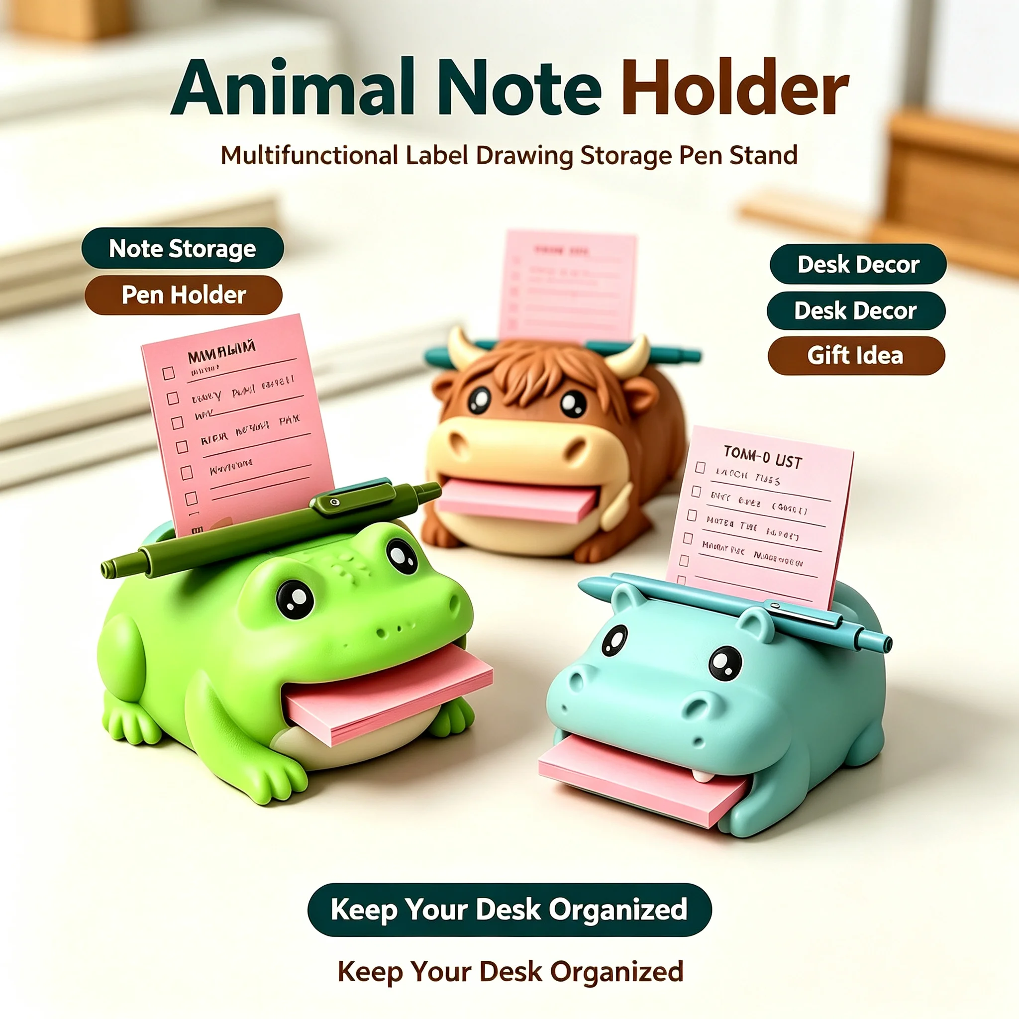 Desk Organizer Pen Holder Pencil Stand, Cute Resin Frog Hippo Cow Note Dispenser with Sticky Memo Photo Slot, Office Stationery