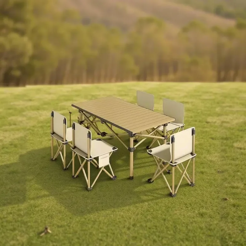 Outdoor Steel Folding Dining Table and Chairs Set Lightweight Portable Square Modern Design 6 Seater for Camping Picnic