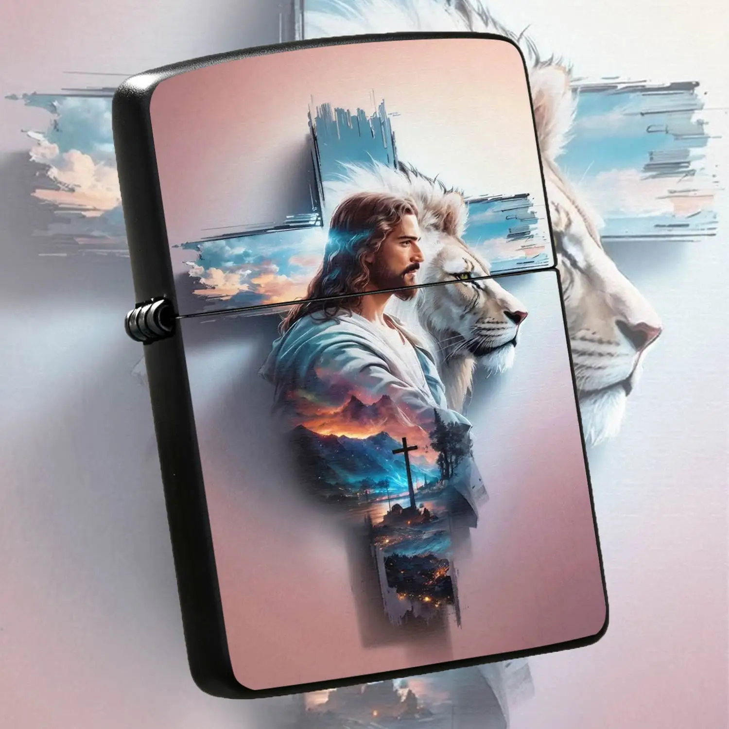 Creative Double Exposure Art Lighter Featuring Jesus And White Lion, Warm Faith Themed Portable Daily Essential, Suitable For Outdoor Trips, Home, Office And All Scenarios, Exquisite Printed Details, A Thoughtful Unique Gift For Your Family