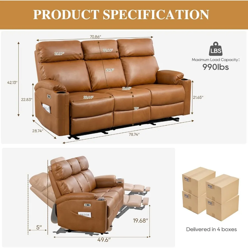 3 Seater Reclining Sofas Power Reclining Sofa PU Leather Recliner Sofa