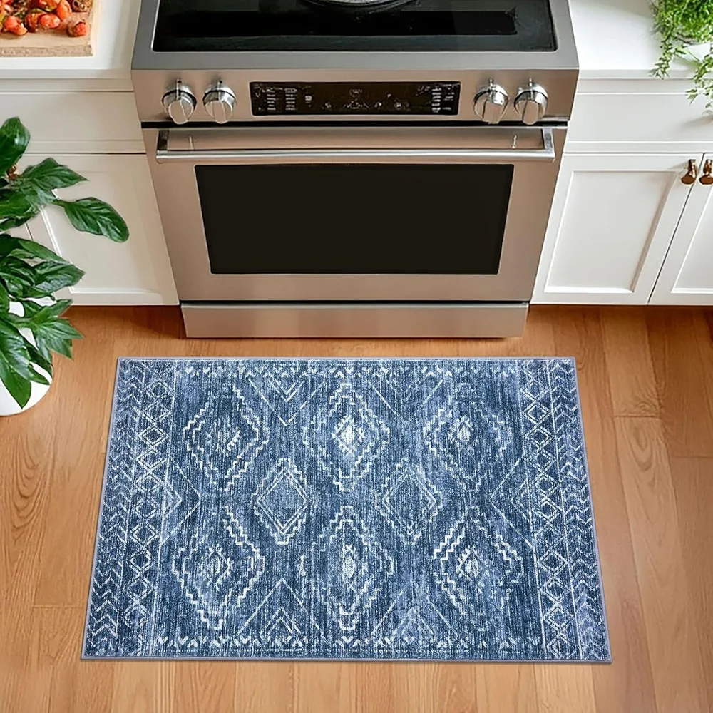 Stonewashed Blue Geometric Entryway Area Rug Washable Non Slip Accent Floor Mat for Bedside Entrance Kitchen Indoor Decor