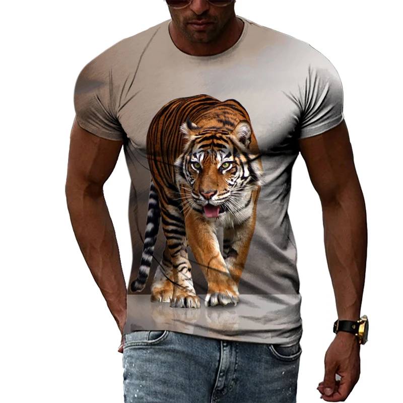 Cool Tiger Summer Fashion Domineering Casual Personality 3D Harajuku Print Men\'s Comfortable Round Neck Short Sleeve T-Shirt Top