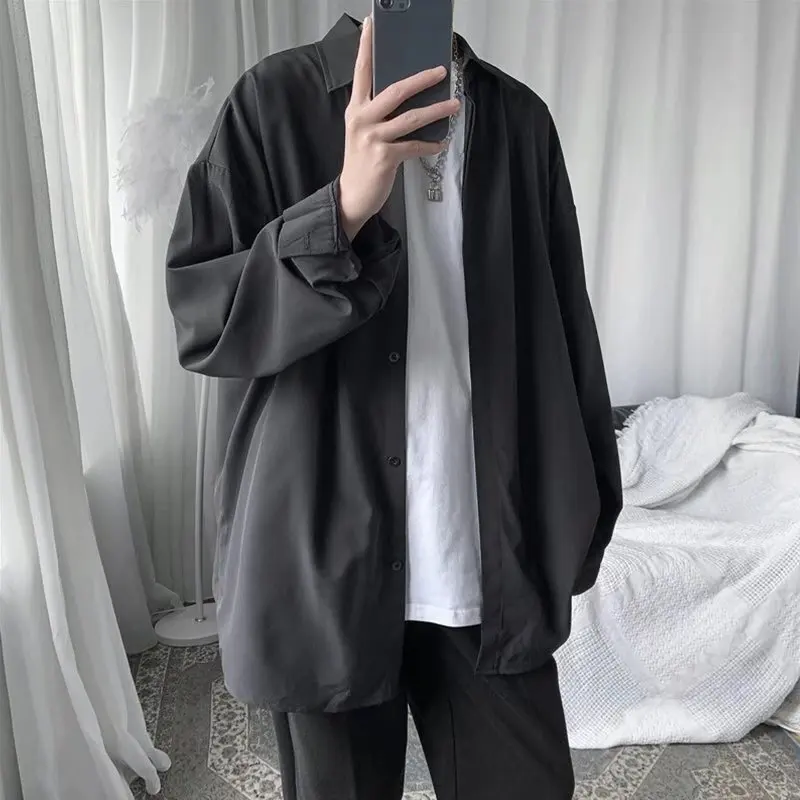 2025 Spring Teenagers Harajuku Black Oversized Shirt Male Button Up Shirts Blouses Men Korean Fashion Solid Long Sleeve Shirts
