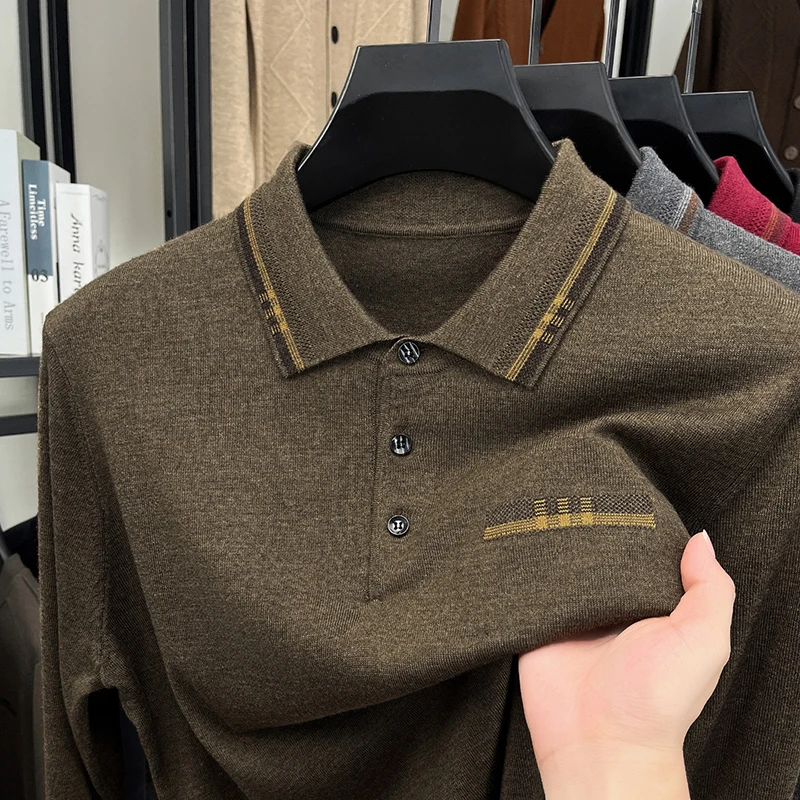 High Quality Brand knitted long sleeve polo shirt men's luxury wool comfort new fashion embossed autumn striped lapel sweater