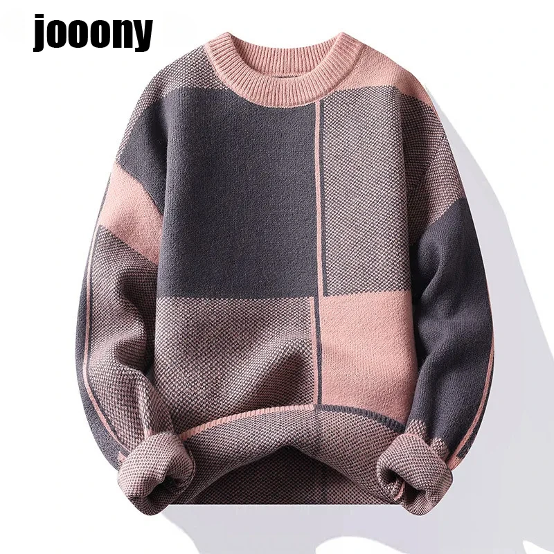 2024 New Fashion Patchwork Knitting Trend Checkered Autumn Winter Warm Knit Men's Casual Loose Comfortable Thickened Sweater