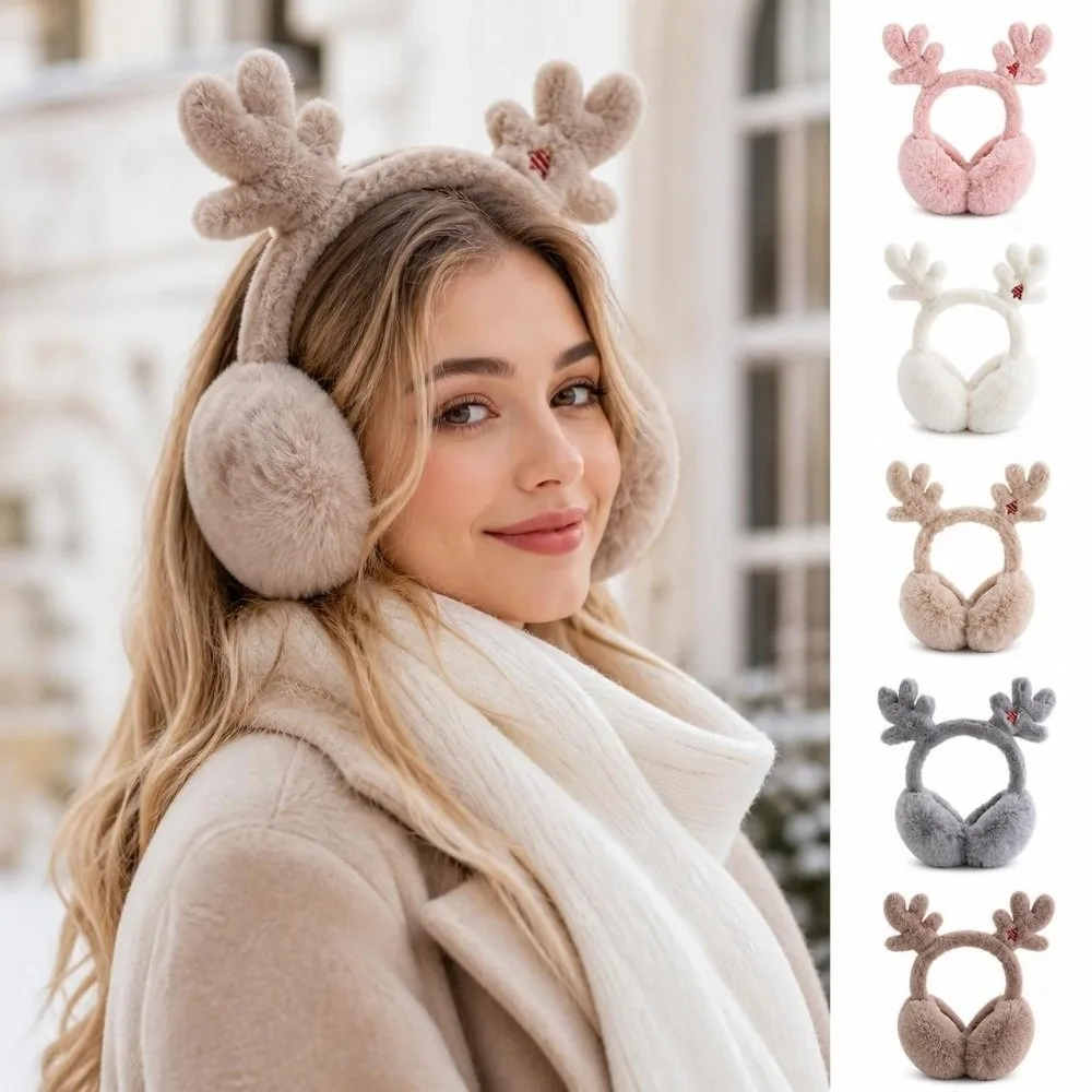 Foldable Design Reindeer Antler Earmuffs Soft Material Fluffy Faux Fur Thermal Earmuffs Kawaii Antler Decor Portable Size