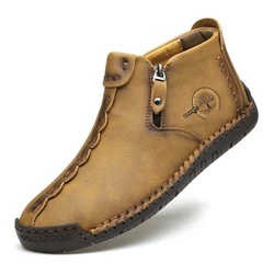 Fashion Men's Casual Shoes Leather Unisex Breathable Anti-slip Walking Shoes Women Outdoor Stitched Men Boots