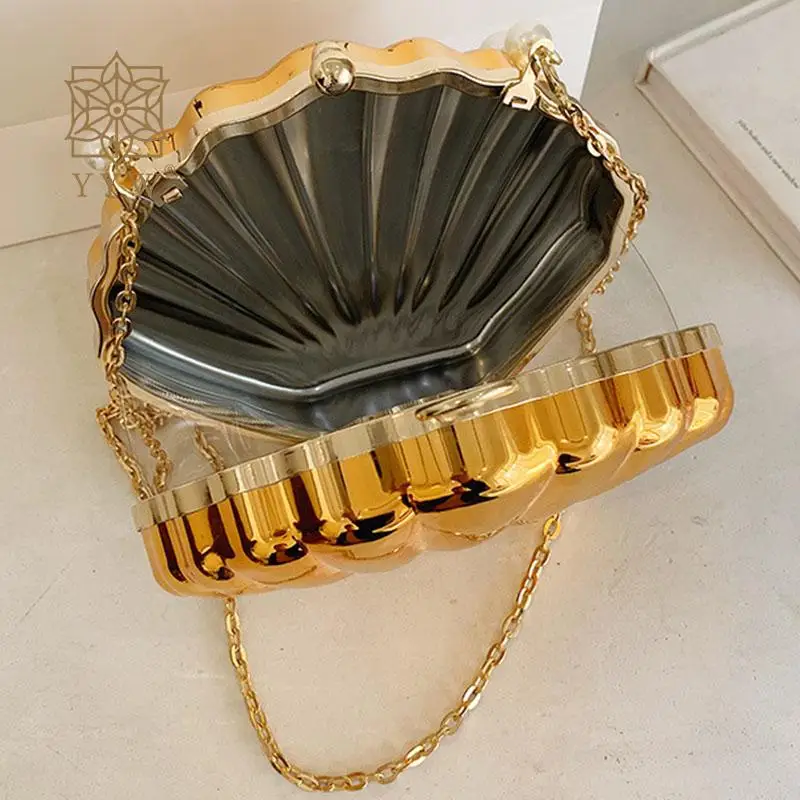 Acrylic Shell Shaped Evening Clutch Handbag with Pearl Top Handle Fashion Plating Women Wedding Banquet Purse Chain Shoulder Bag