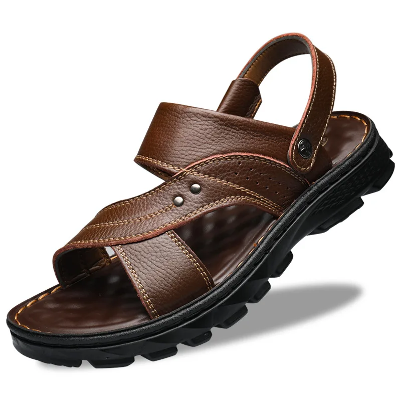 Men's sandals new summer leather sandals double soled middle-aged dad shoes leisure beach non-slip slippers D639