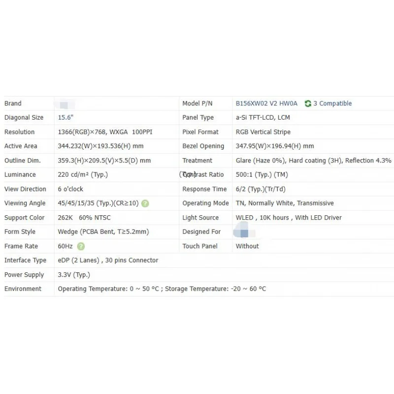 B156xw02 V2 hw0a nova tela LCD original de 15,6 polegadas