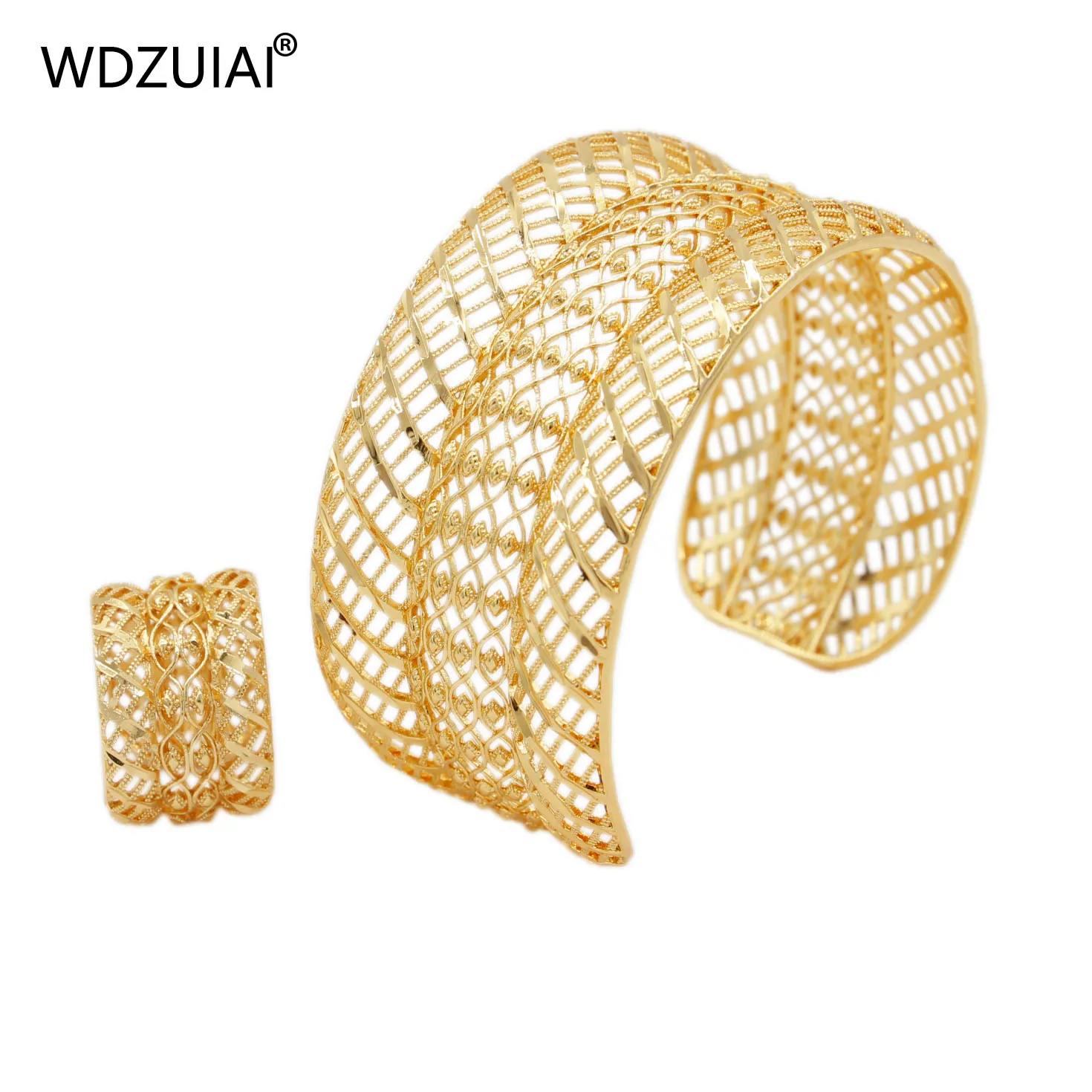 WDZUIAI Wave Shape Gold Color Bracelets&Ring Set for African Ethiopian Women Men Bangle Queen Copper Bangles Girls Party Jewelry