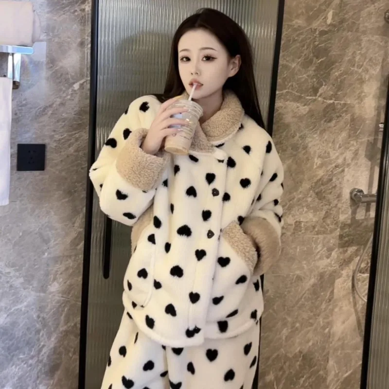 Fleece Sleeping Lapel Women's Clothing Winter New Cute Thickened Fleece Warm Cute Casual Wear Korean Version of Sweet Loungewear