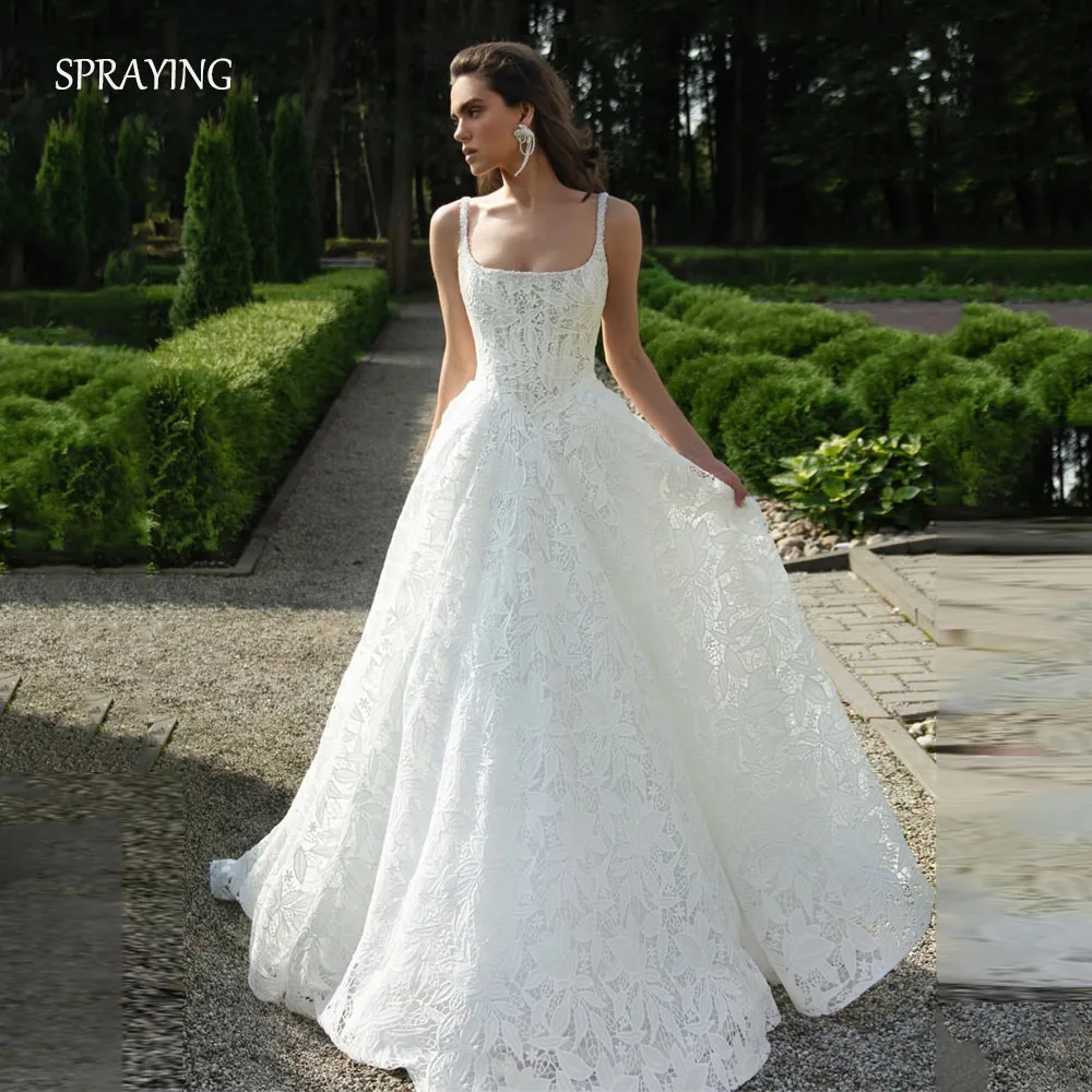 

Роскошные свадебные платья цвета слоновой кости с кружевом, квадратным вырезом, жемчужными бретелями, длинным шлейфом, для церкви, на заказ, 2026