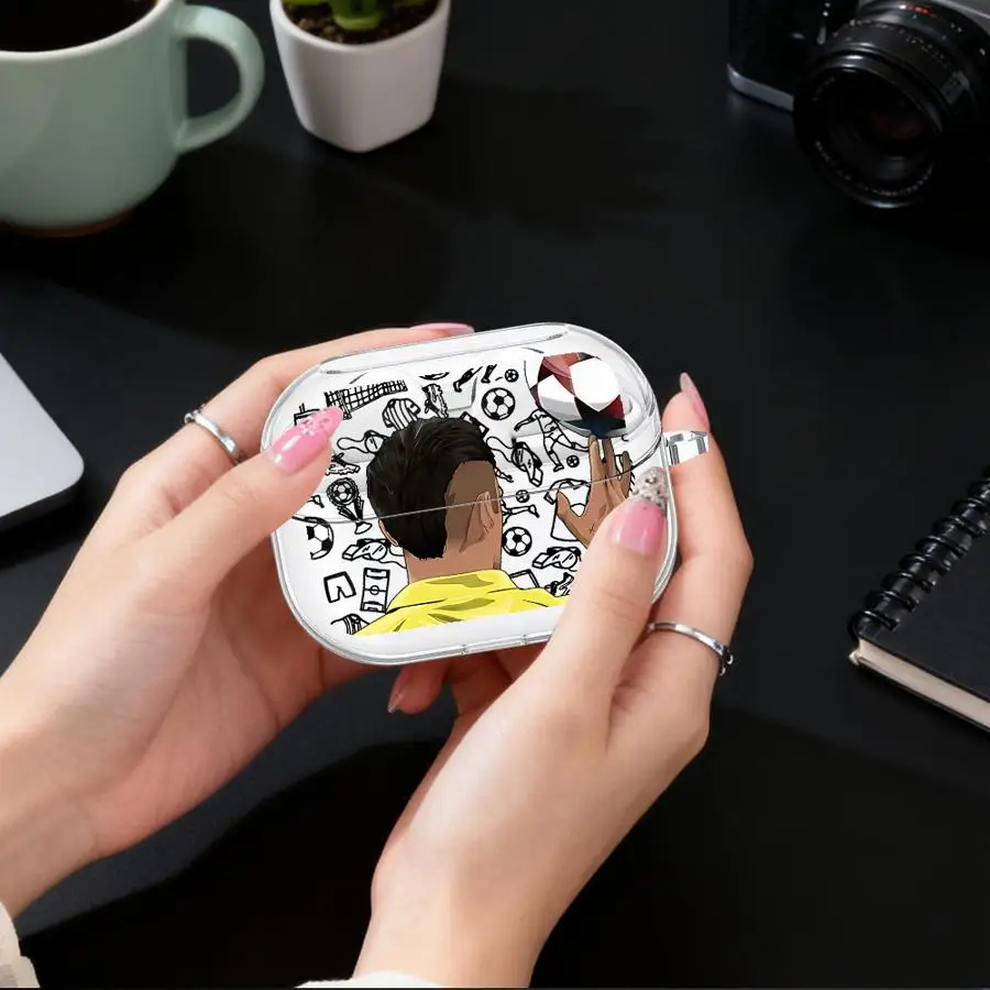 Case For Samsung Galaxy Buds 3Pro 4 Pro 2 Live 4Pro 2Pro 3 FE Clear Earphone Cases Cover With Hook Soccer Player Cartoon Art