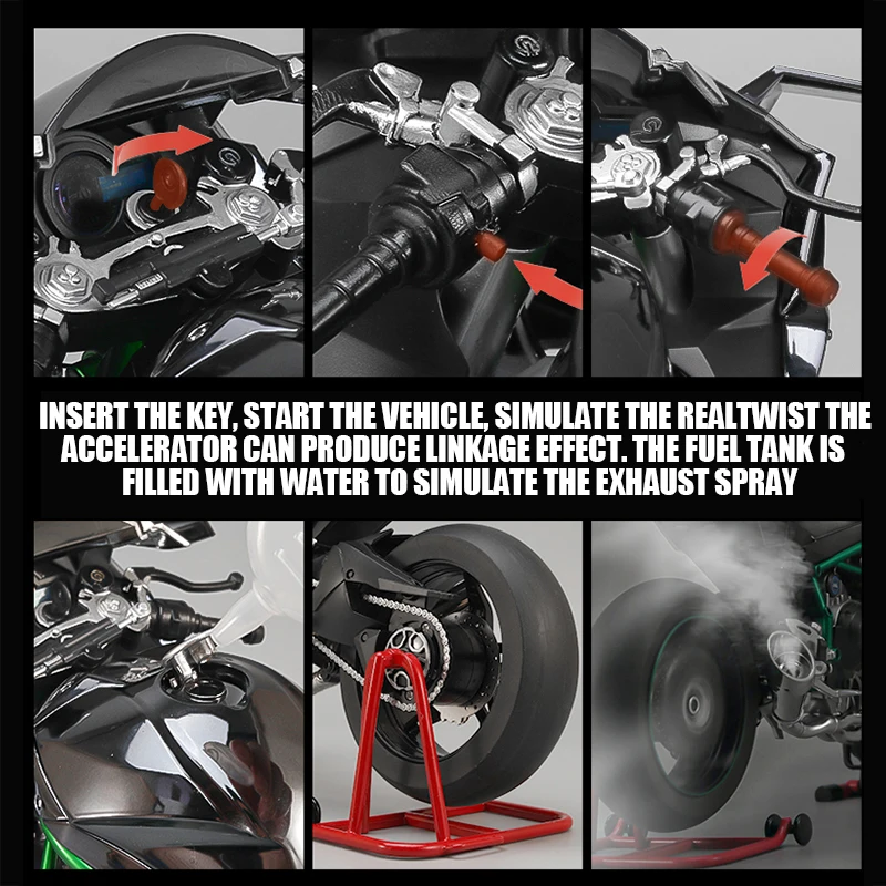 Large 1:6 Kawasaki H2R Spray Alloy Diecast Motorcycle Toy Bootable Dynamic Metal Model Sound Light Birthday Gift Hobby Collect O