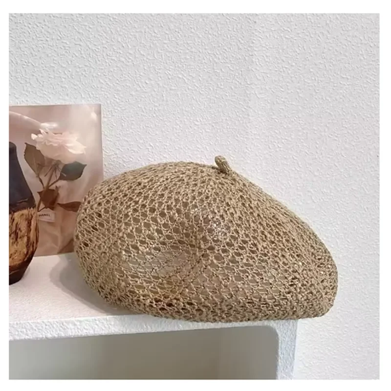 

Japanese Solid Color Bright Silk Hollow Knitted Beret Women Spring Summer Thin Cotton Yarn Breathable Painter Hat Pumpkin Hat