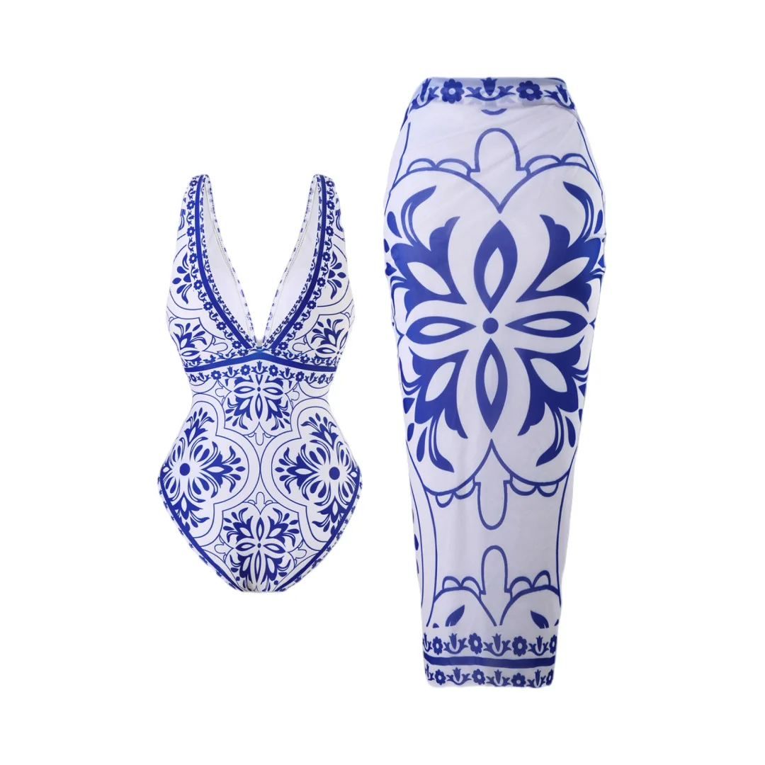 

Floral Bohemian Printed One Piece Swimsuit Summer Women's Beach Style Dress V-Neck Ladies' Swimwear