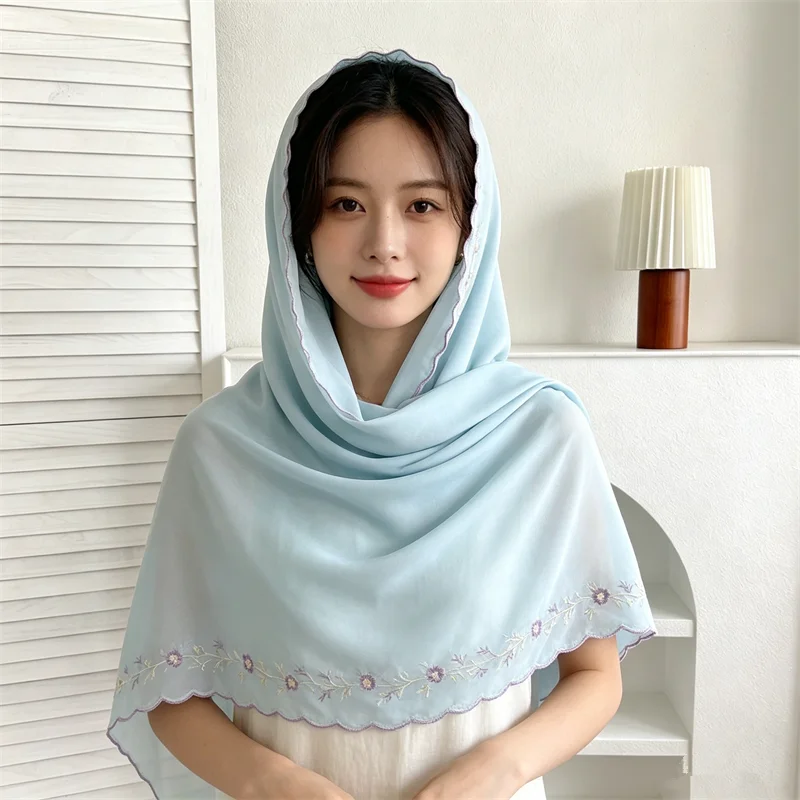 

Fashion High Quality Chiffon Hijab Floral Embroidered Solid Color Long Scarf Muslim Women Headscarf Islamic Shawl Wrap Turban