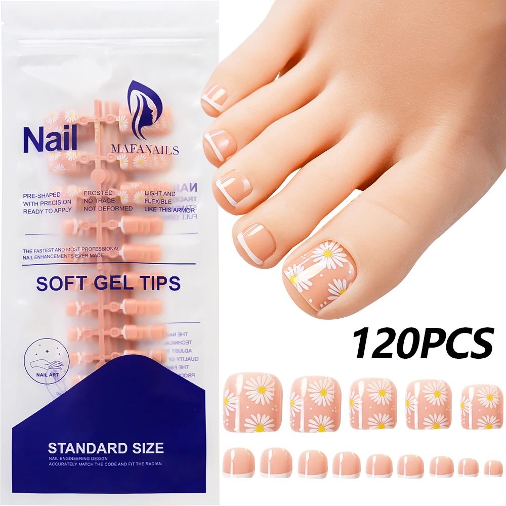 120Pcs Short Square Fake Toenails with Daisy Flower Design Full Cover French False Toe Nails Floral Wearable Press on Toenails
