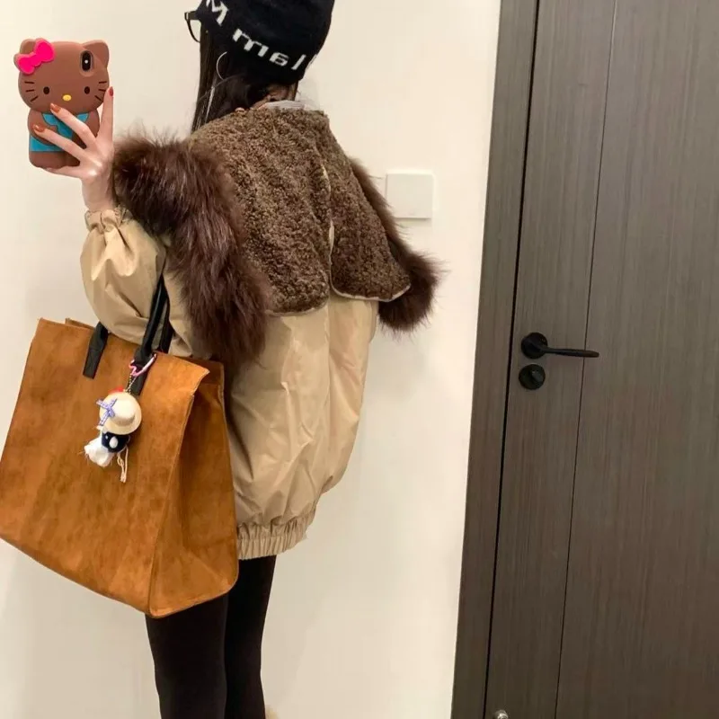 

Winter New Down and Parkas Women's Short Loose Casual American Jacket with Velvet Cow Horn Button Jacket Female Clothing