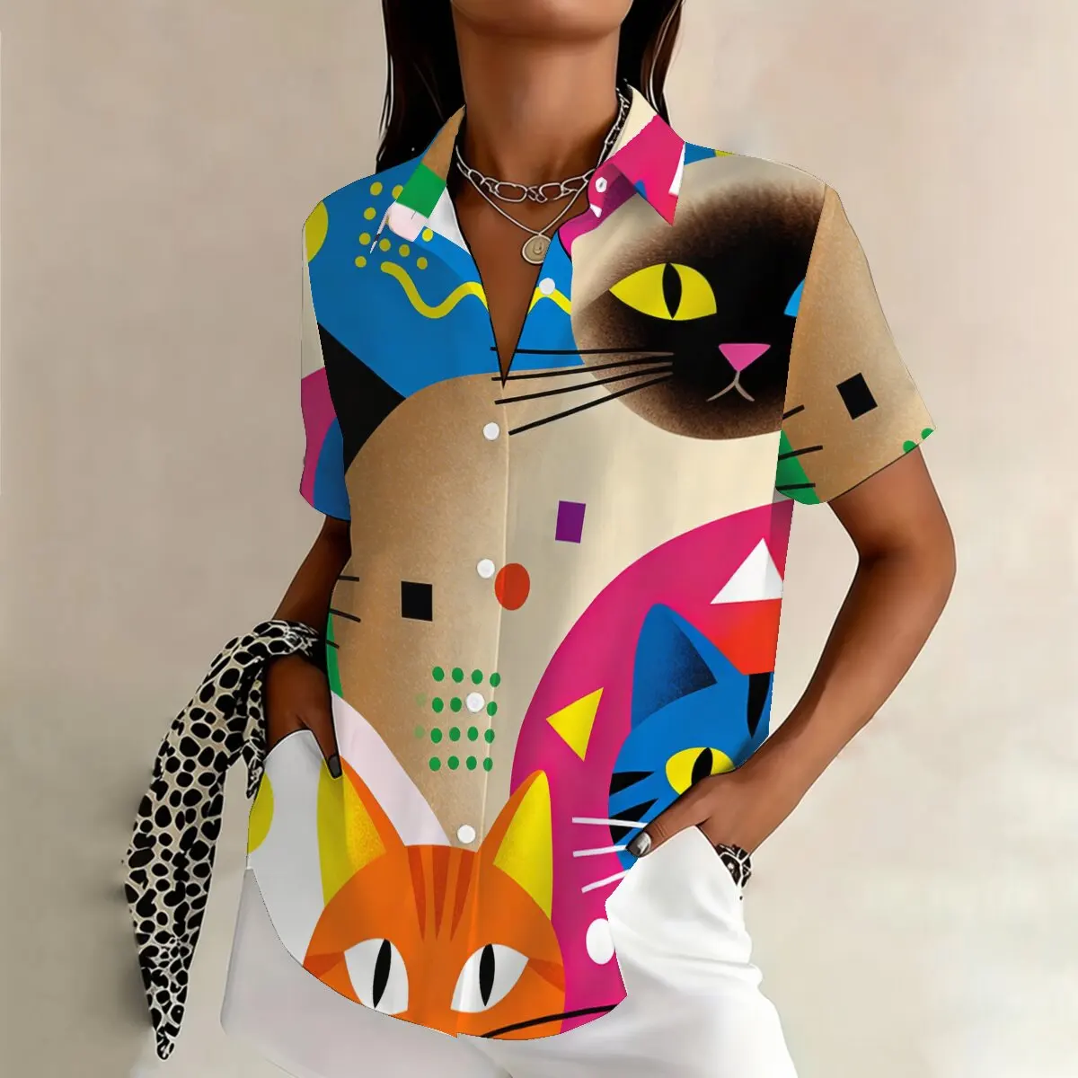 

Летняя женская рубашка больших размеров с коротким рукавом и принтом кошки в стиле арт-коллаж, милая и уютная, креативная и привлекательная, для вечеринок и повседневной носки