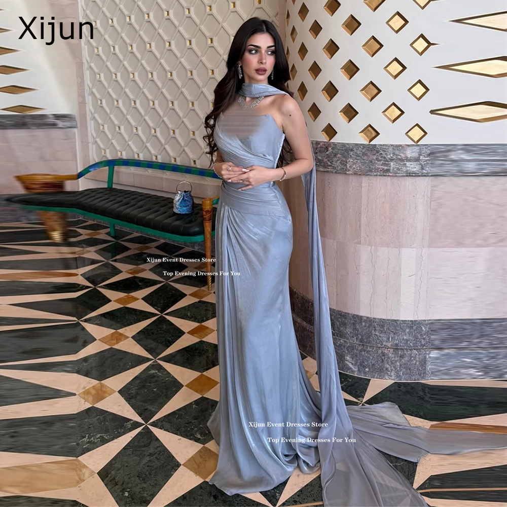 Xijun Abiti da sera lunghi a sirena blu Raso di seta Sweetheart Pieghe Abiti da ballo Sciarpa Abiti da ballo di lusso arabi sauditi Personalizz