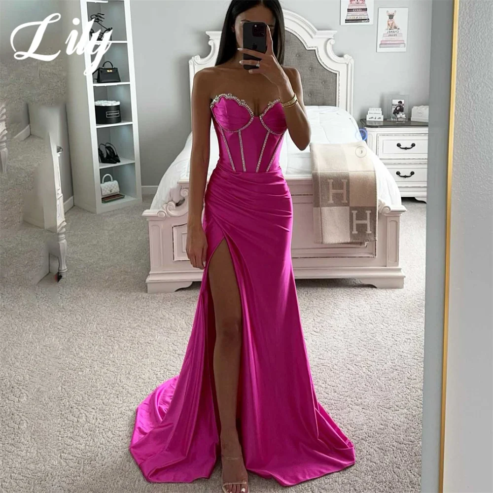 

Lily Purple Evening Gown Trumpet Sequins Prom Dress Pleat Sleeveless Sweetheart Evening Dresses with High Split robes de soirée